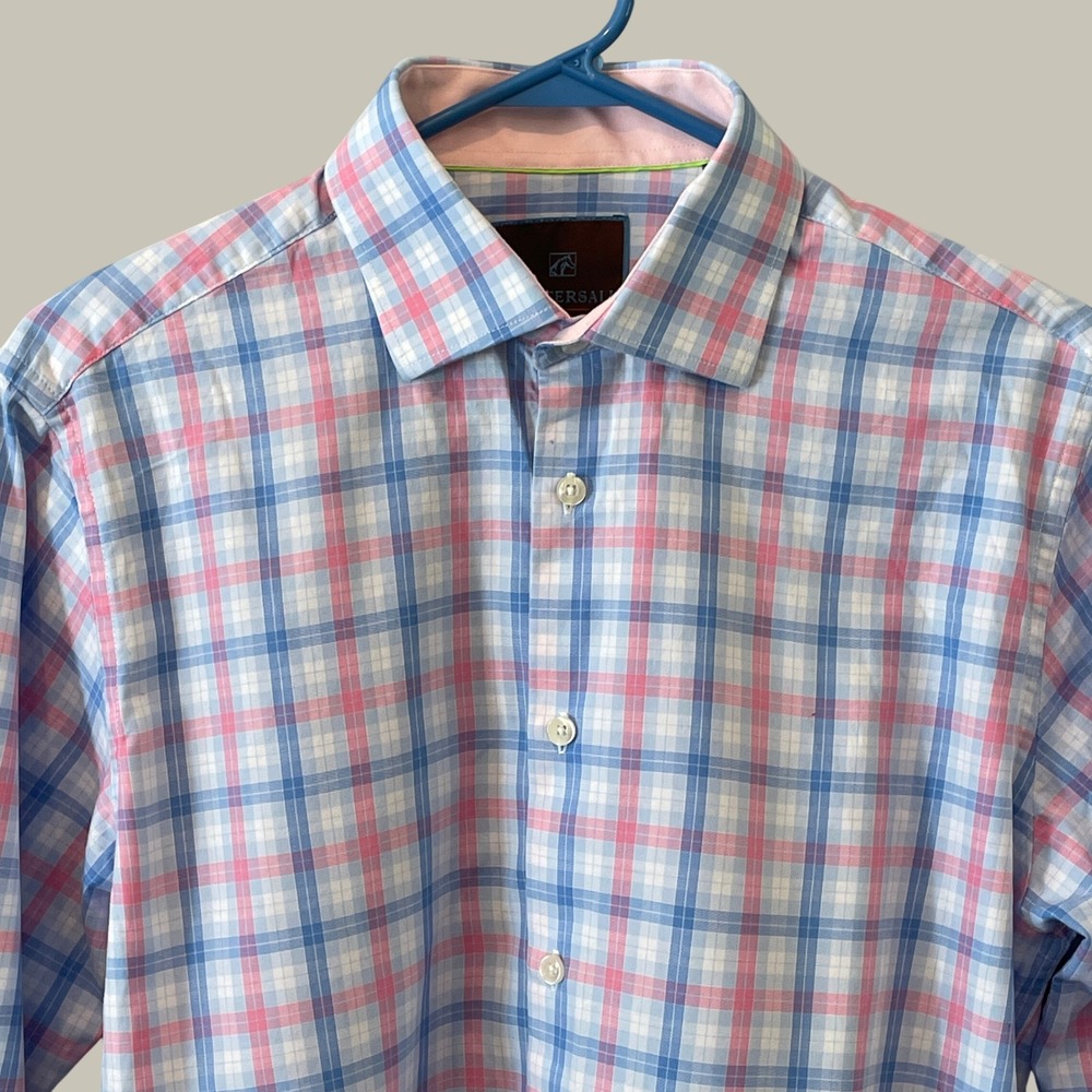 Tattersall London Mens Blue Pink Plaid Cotton Dress Shirt 15.5 32/33 Long Sleeve